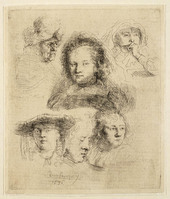KG 03923
<br/>
Studieblad: kopstudies van Saskia en anderen ( B 365 )
<br/>
<em>Rembrandt (1606-1669)</em>